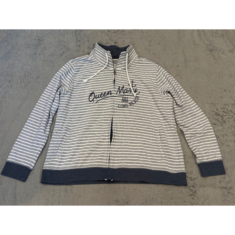 Queen Mary Long Beach Striped Full Zip Sweatshirt Blue White Nautical Large